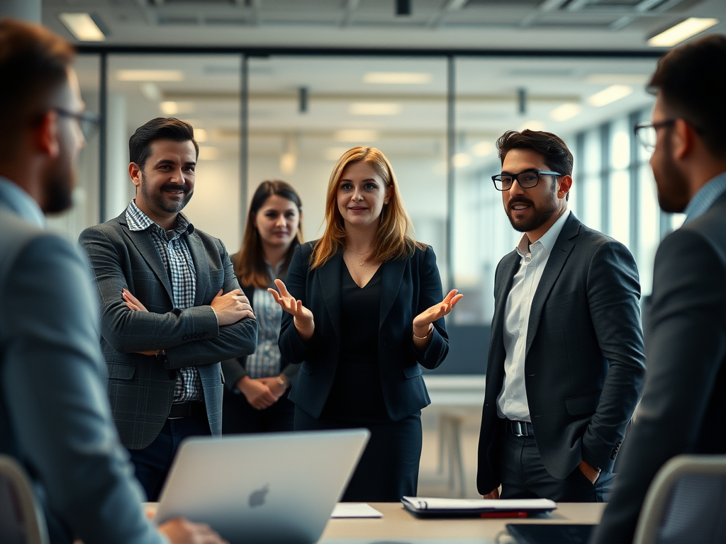 una persona impartiendo clase a un grupo de trabajadores de una empresa, todos con aspecto español, en un entorno de oficina moderno
